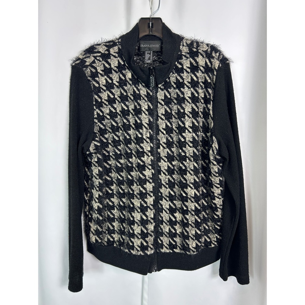 Frank Lyman Black White Houndstooth Eyelash Knit Zip Up Sweater Jacket Size 16